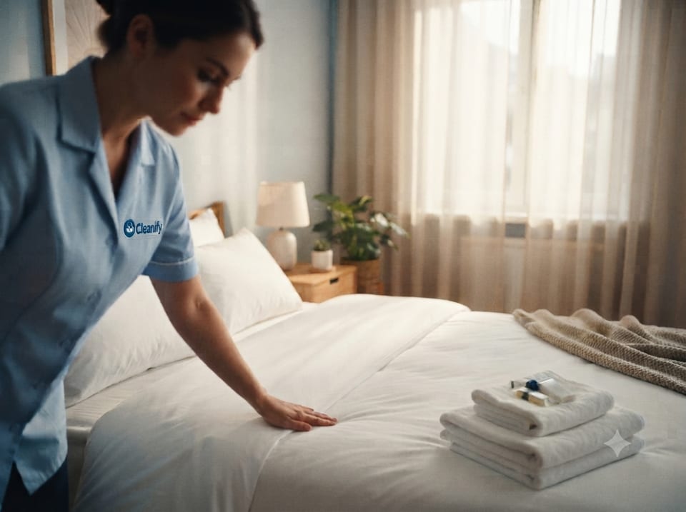 Opgemaakt bed en opgeruimde slaapkamer in een vakantiewoning